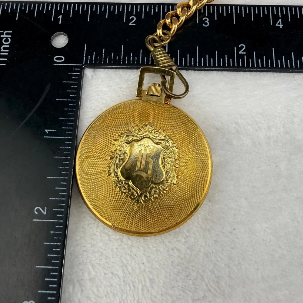 Vintage Engraved Pocket Watch Gold Tone 13